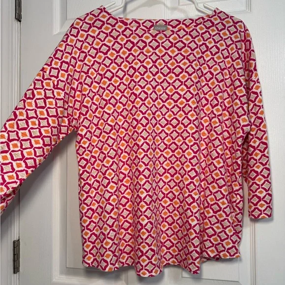 Chico's Pink Orange Geometric 3/4 Sleeve Top shirt Cotton Blend Pullover Size 2 - Picture 1 of 5